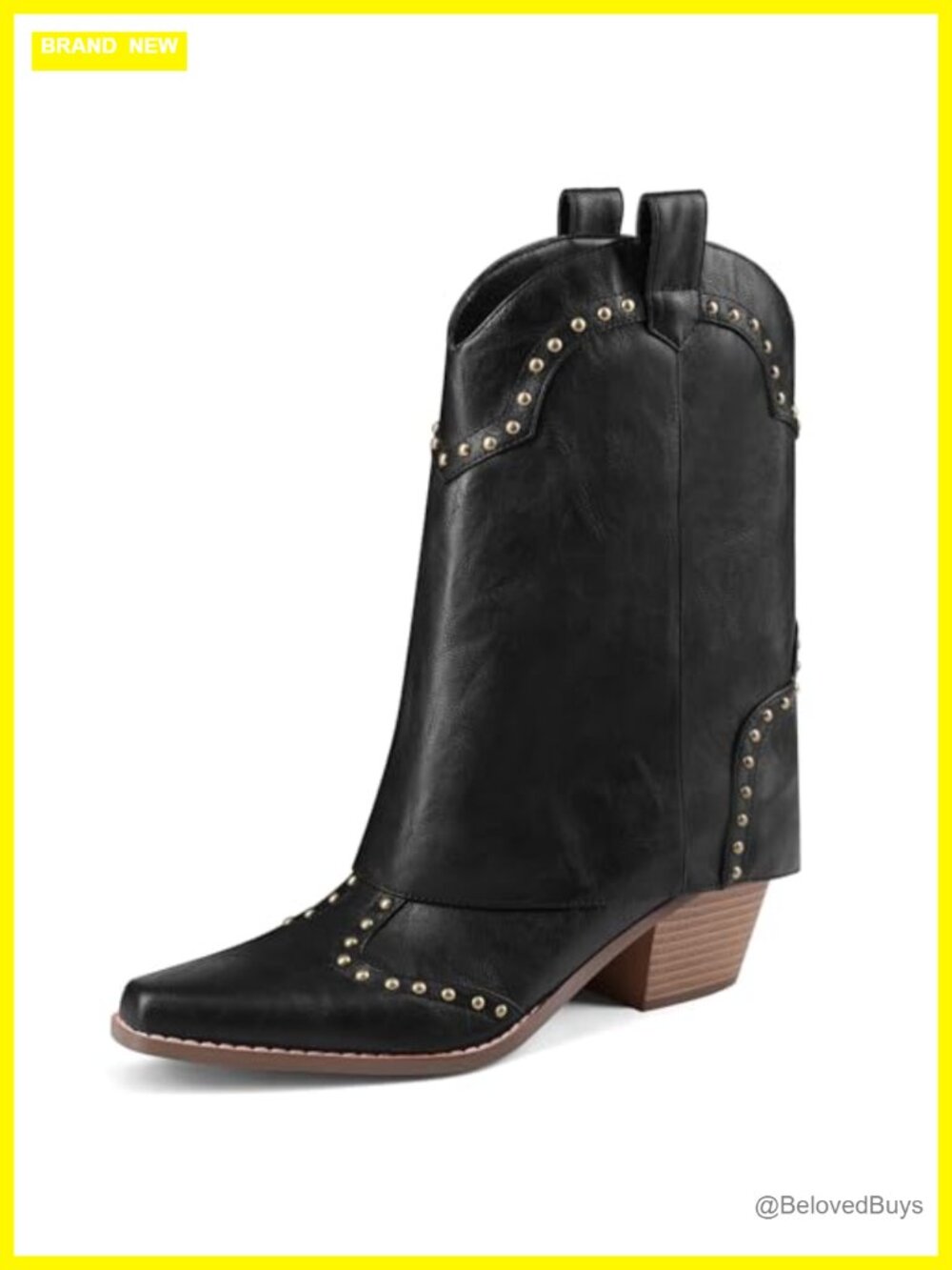Snip Toe Cowboy Ankle Boots Studded Fold Over Chunky Heel Pull On